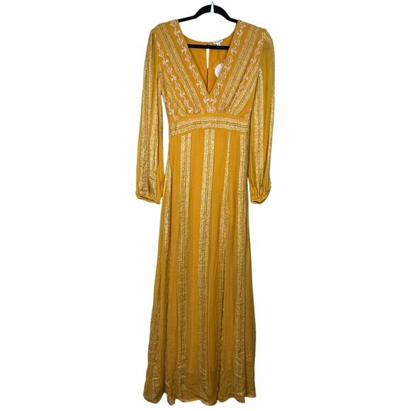 En Crème Mustard Yellow Maxi Dress S Boho Festival Metallic Embroidery NWT - Picture 1 of 9